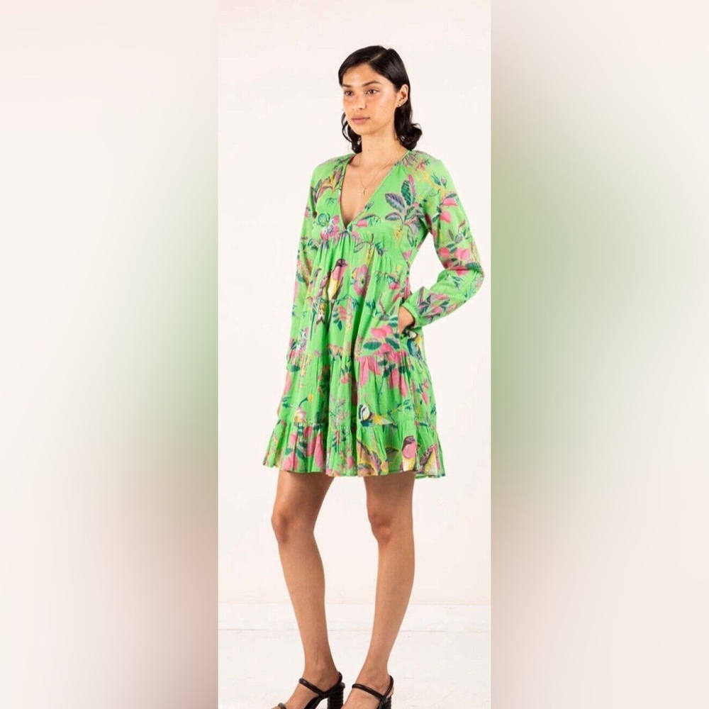 Banjanan green floral birds print dress size XS 100% cotton